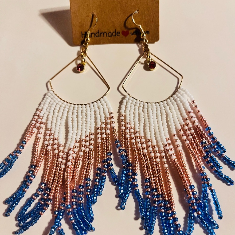 Handmade White, RosePink & Blue Beaded Fringe Earrings Coquette